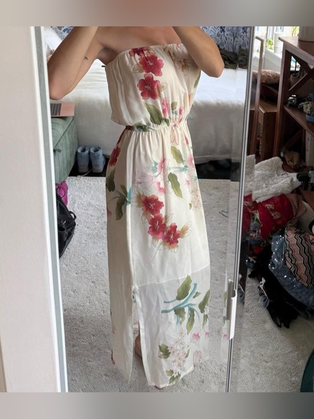 Kite and Butterfly 100% Silk Floral Dragonfly Strapless Maxi Dress XS Boho - Picture 3 of 8